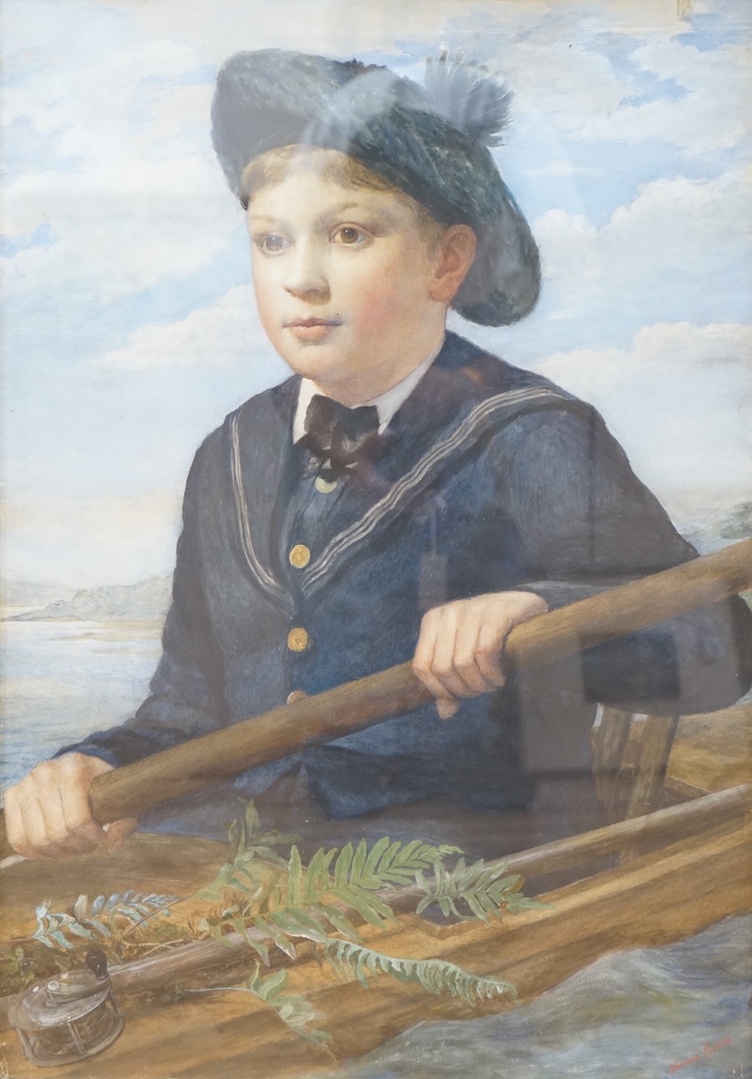 British School, Young boy wearing a sailors suit and paddling a canoe in a lakeland landscape, indistinctly signed lower right, watercolour, 71 x 49cm